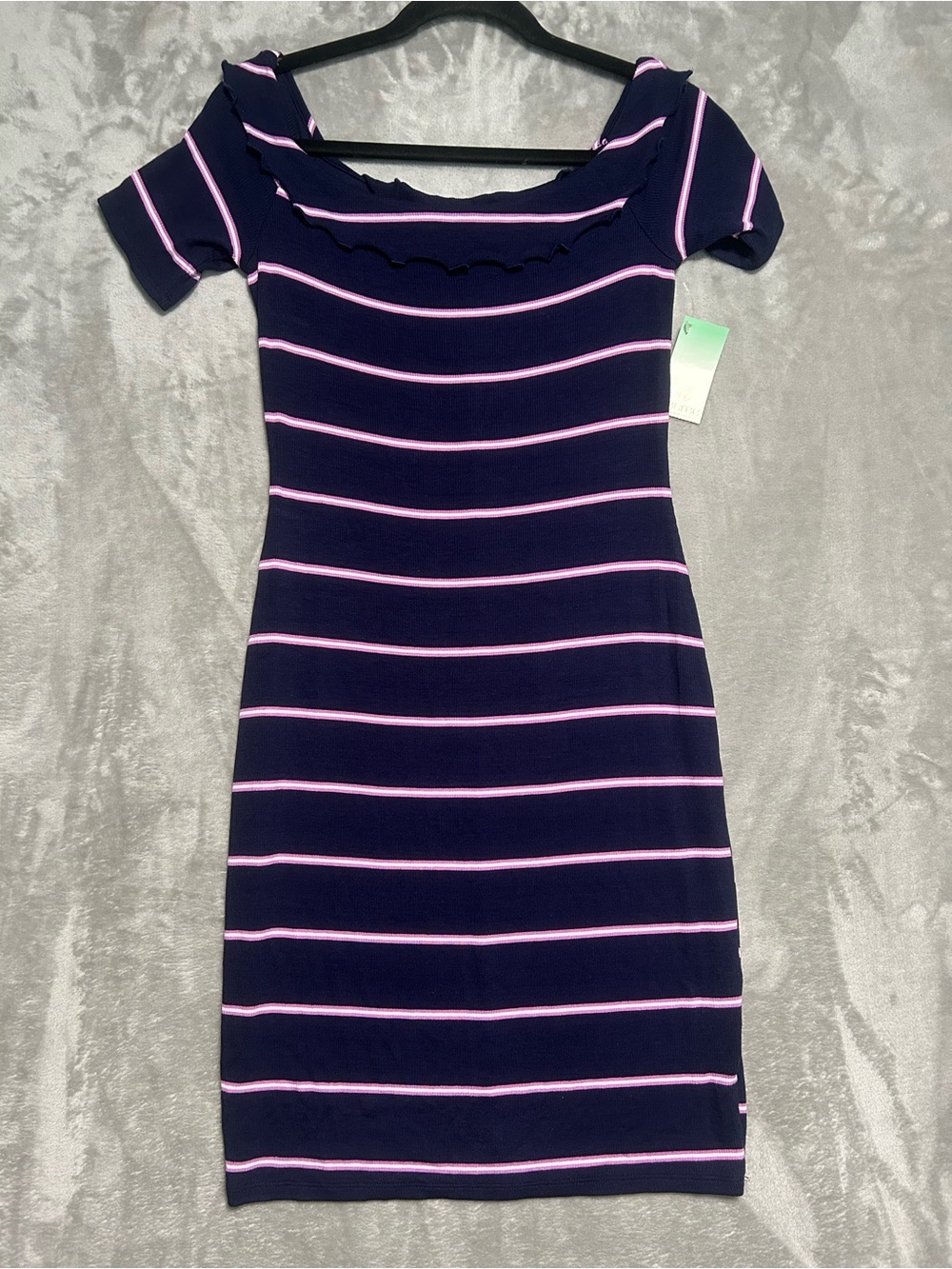 Decree Stretch Ribbed Off The Shoulder Dress Women’s Medium Stripes Purple